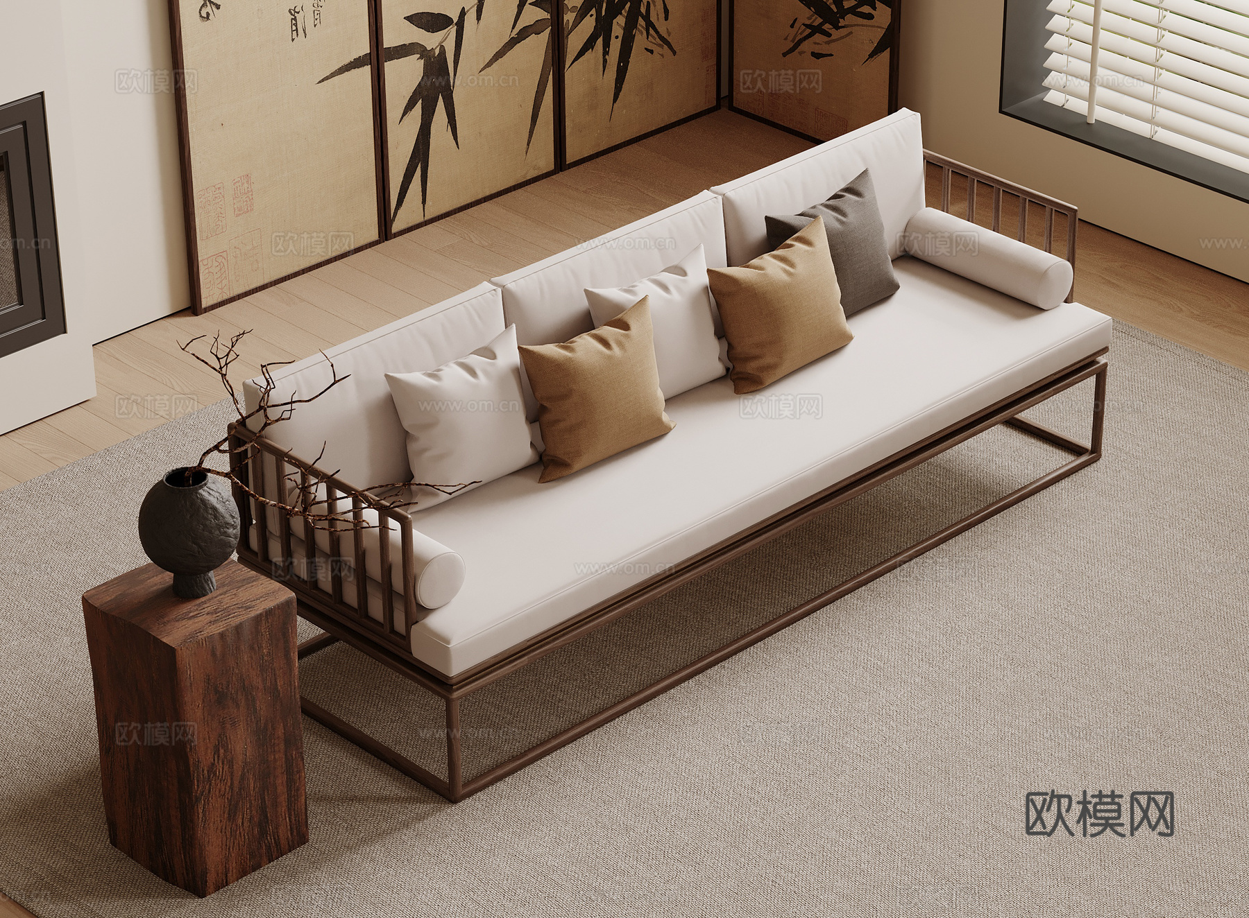 新中式罗汉床 多人沙发 木制沙发 布艺沙发su模型