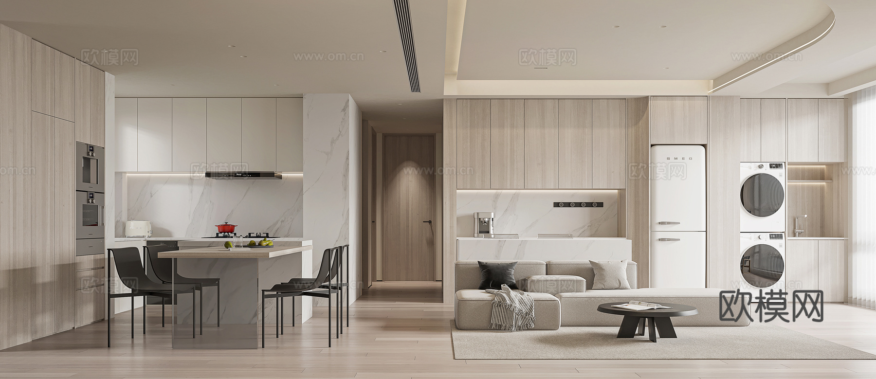 现代奶油风客餐厅3d模型下载（渲染图4）