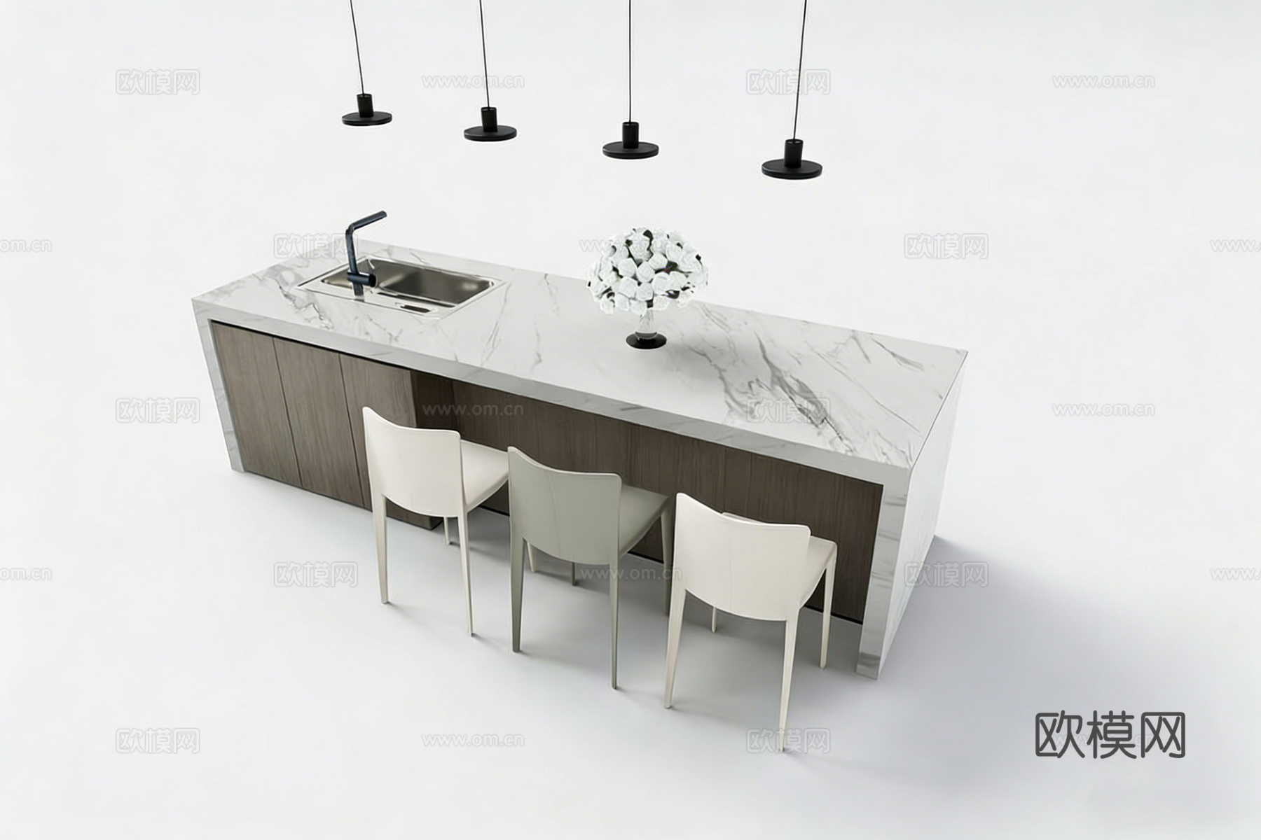 现代简约厨房岛台  大理石台面 嵌入式水槽su模型