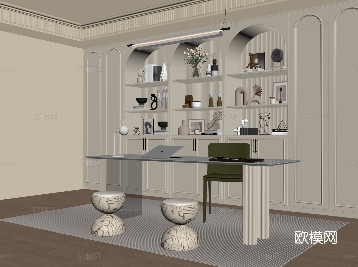 法式奶油风书房su模型