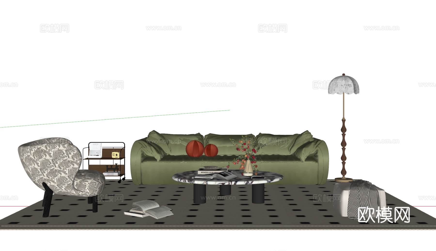 法式沙发茶几组合 三人沙发 休闲椅 落地灯 地毯su模型