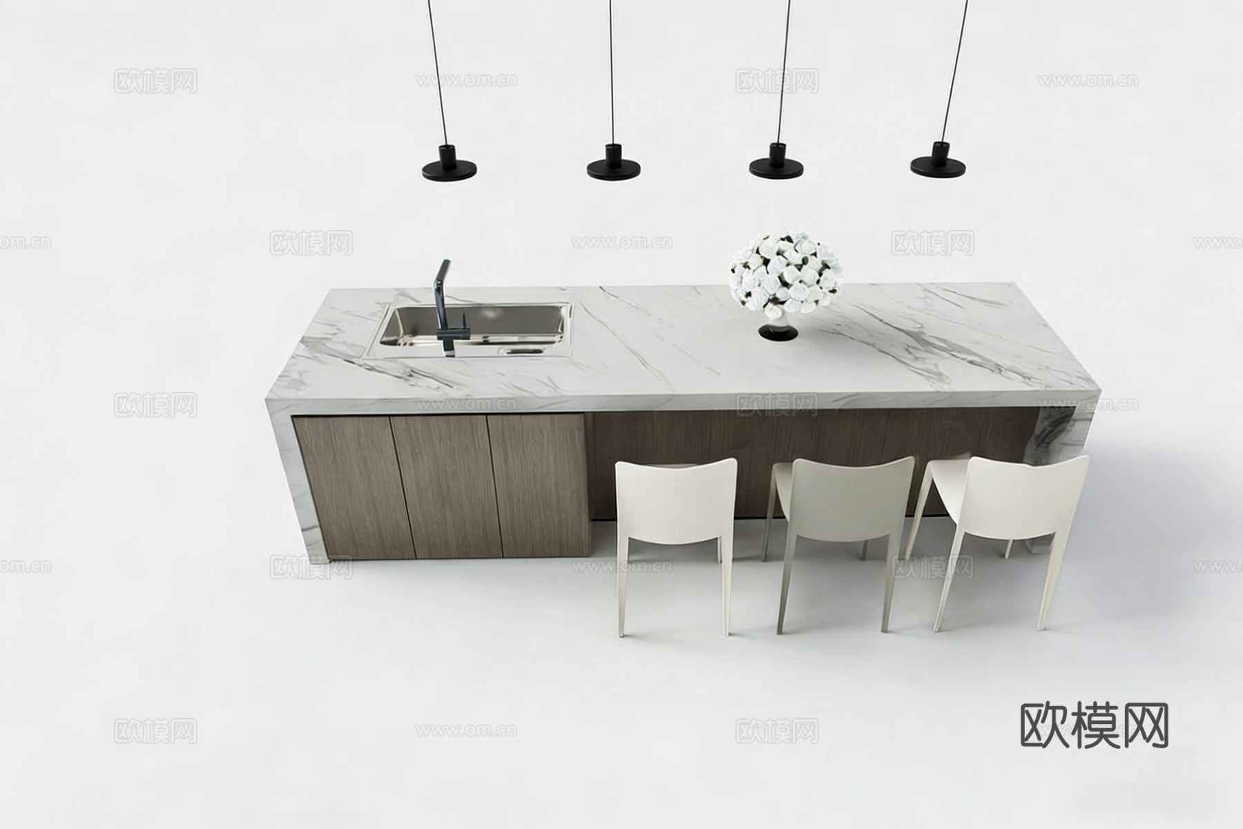 现代简约厨房岛台  大理石台面 嵌入式水槽su模型