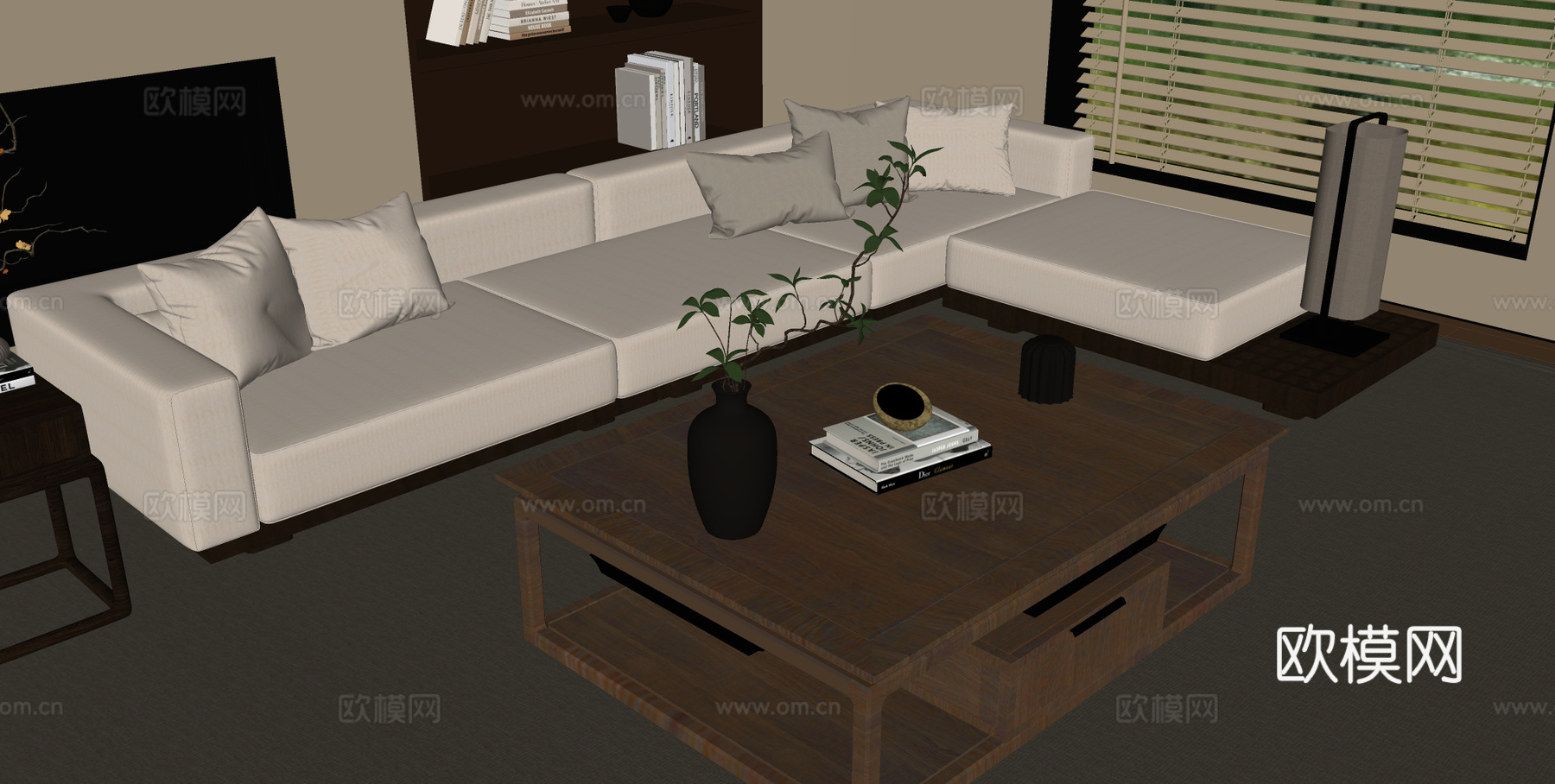 宋式多人沙发组合 L型沙发 沙发茶几组合 木制茶几su模型