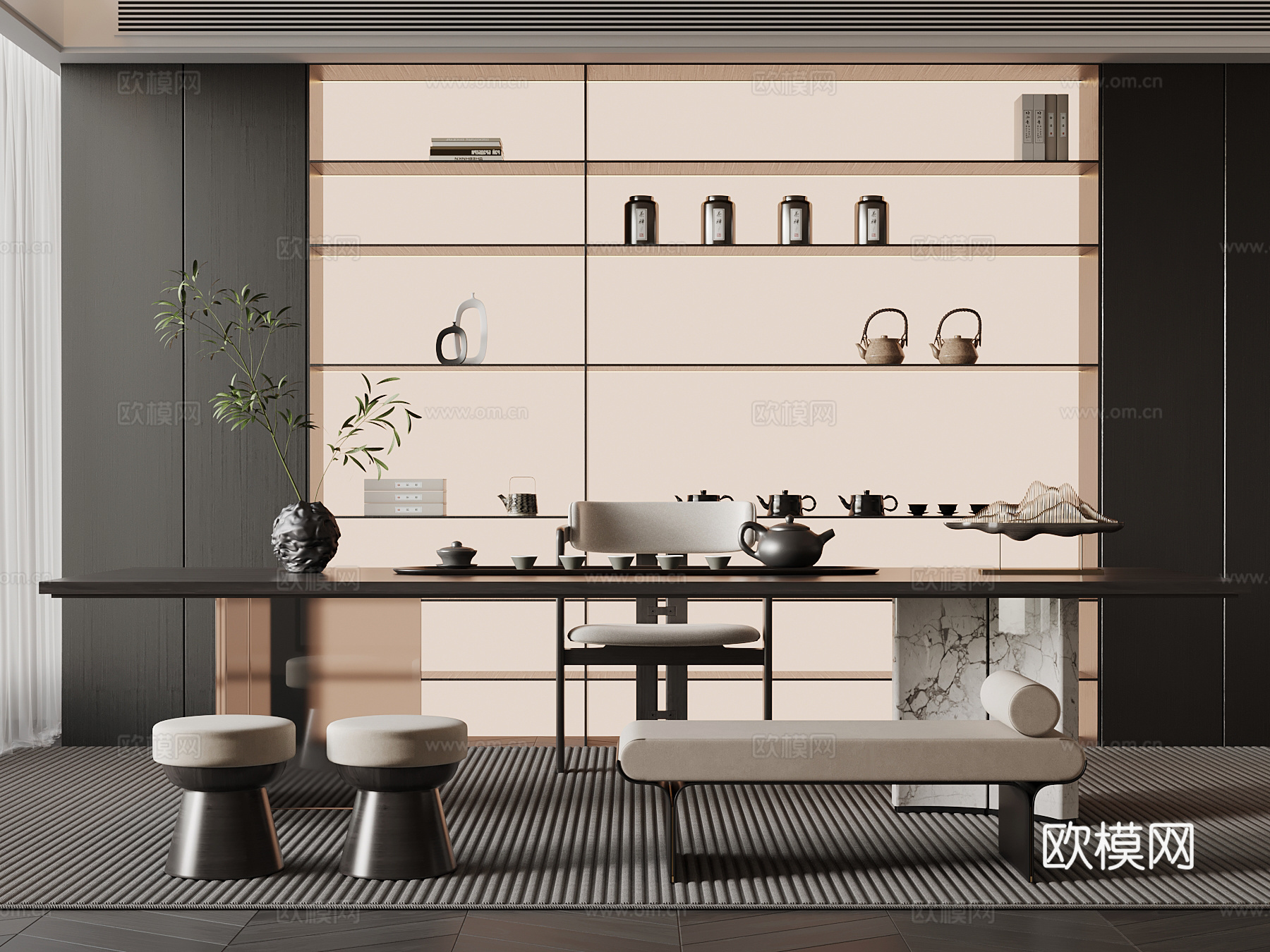 意式茶室 茶桌椅 茶柜su模型