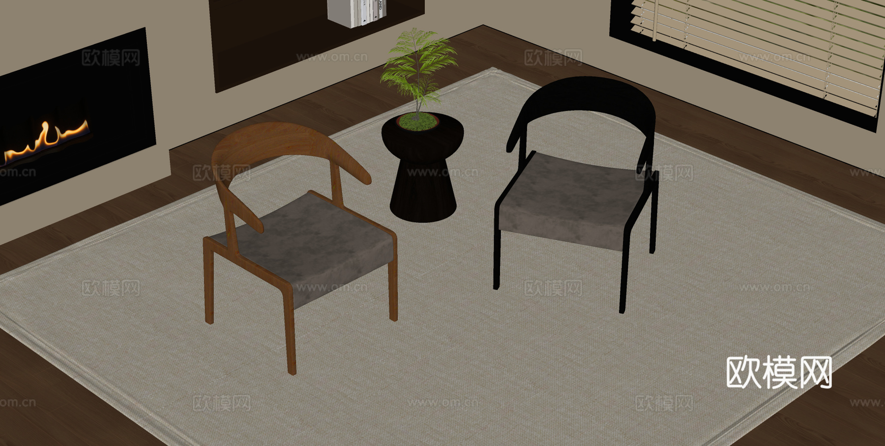 新中式休闲椅 单人椅 木制餐椅 圆形茶几su模型