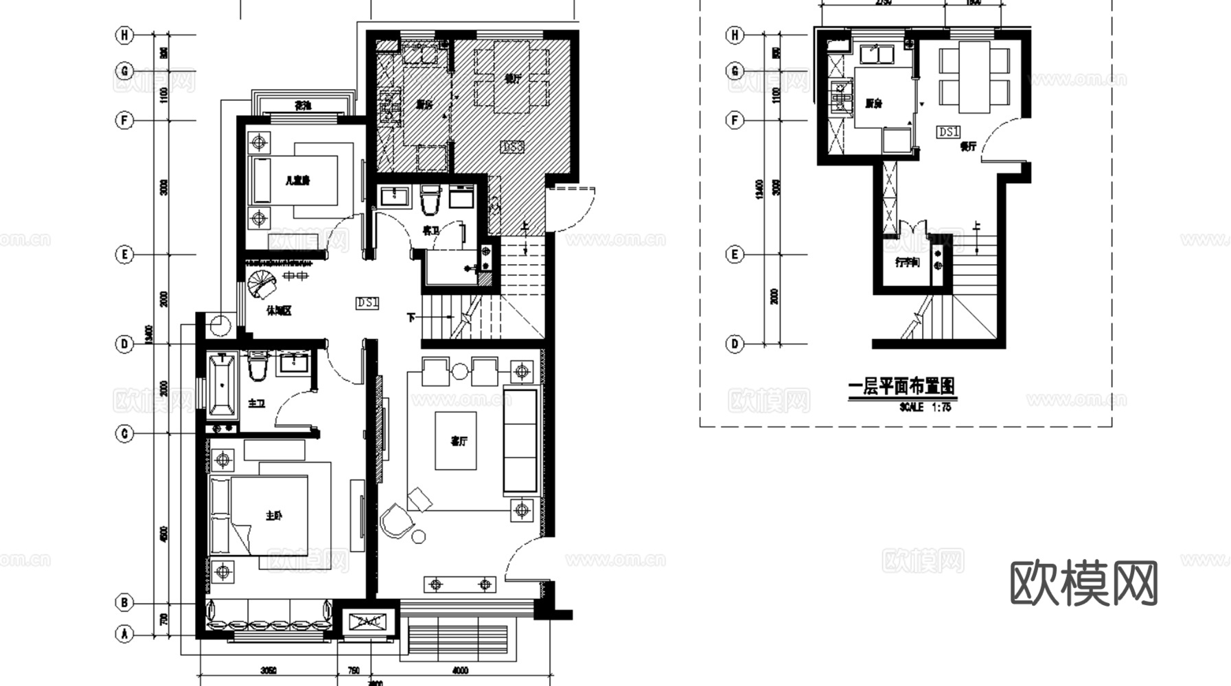 10套美式古典风格住宅样板间平层别墅CAD施工图附效果图cad施工图