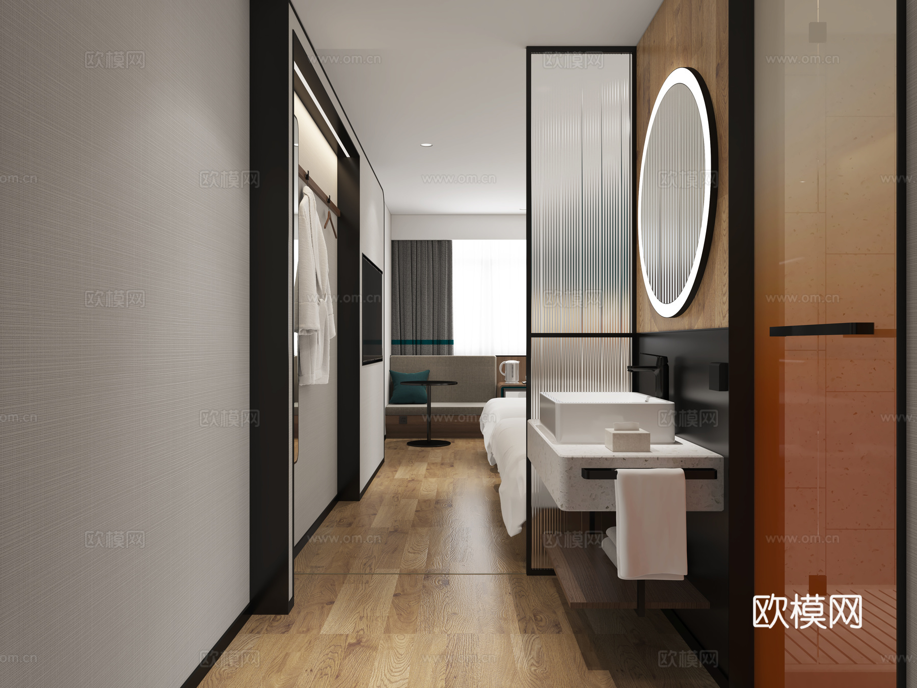 酒店客房家庭房双床房两人间三人间宿舍你好酒店3d模型下载（渲染图3）