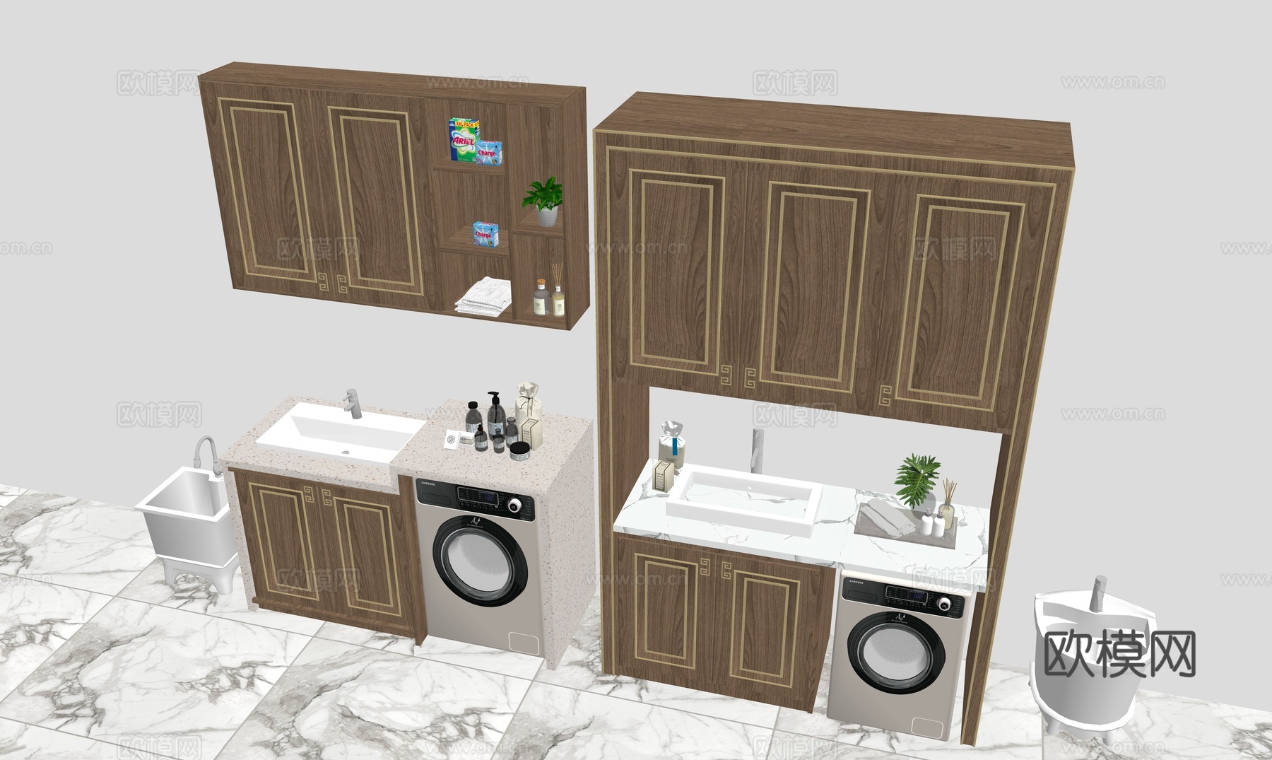 中式洗衣机柜 洗衣机组合柜 拖把池 储物柜su模型