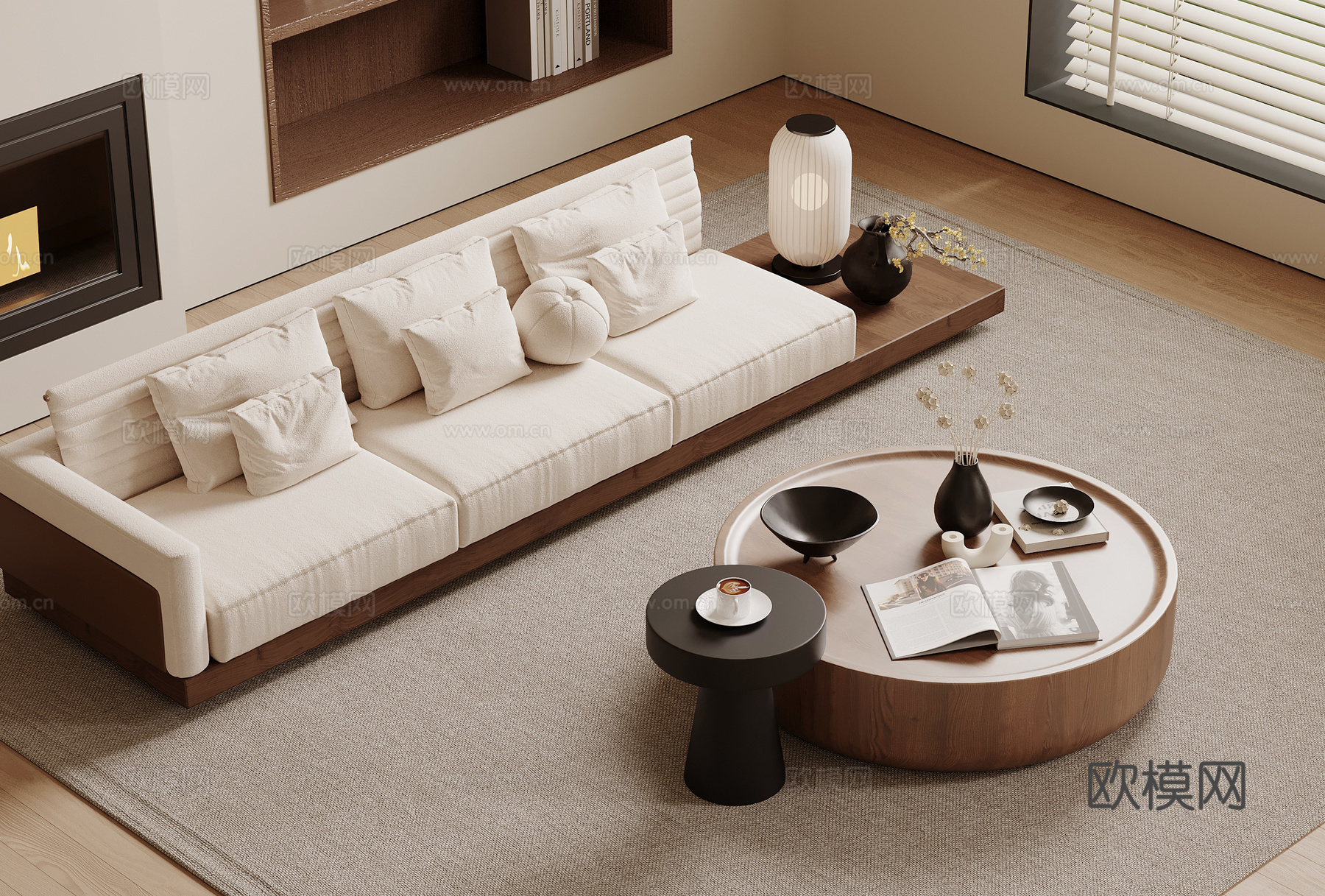新中式沙发 新中式沙发 多人沙发 直排沙发 沙发茶几组合su模型