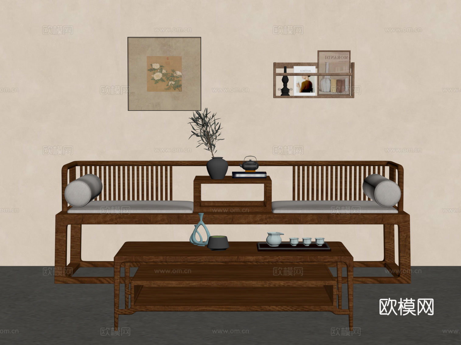 新中式沙发 茶几su模型