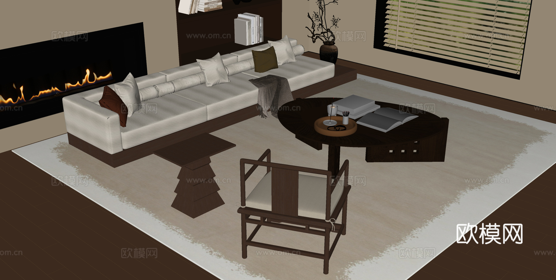 新中式沙发 新中式沙发 多人沙发 直排沙发 沙发茶几组合su模型下载（渲染图2）