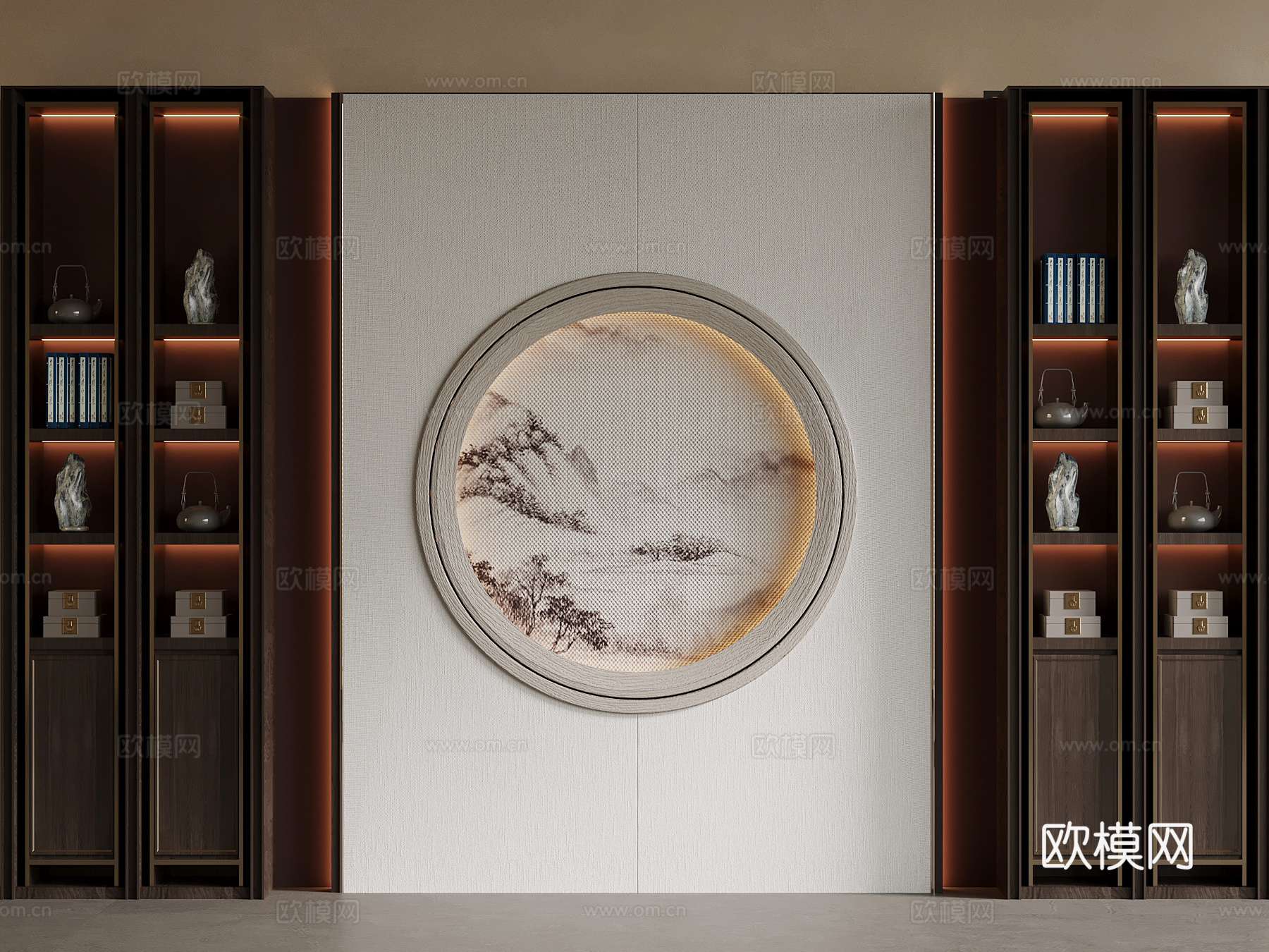 新中式书房背景墙su模型