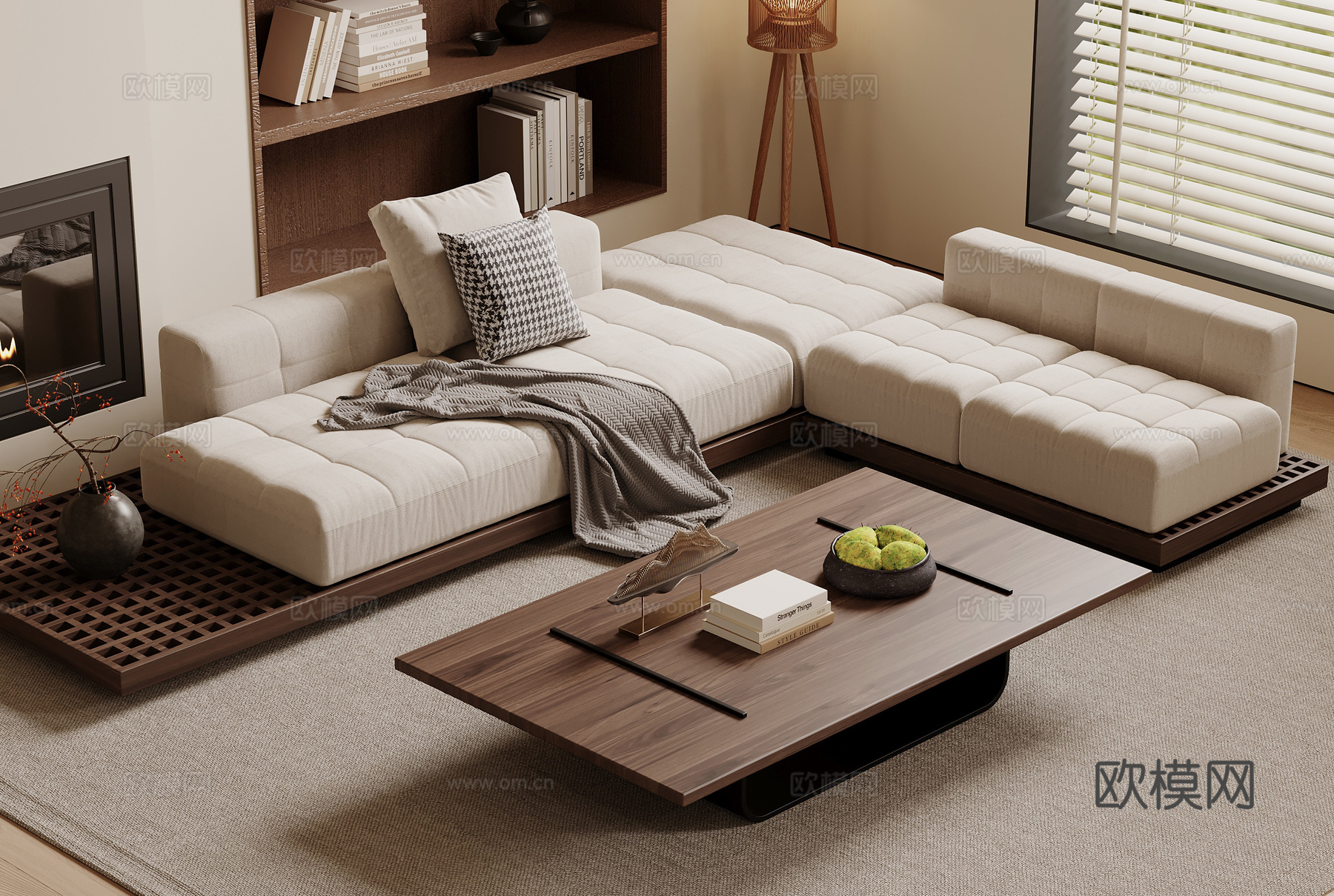 宋式多人沙发 直排沙发茶几组合 布艺沙发 木制茶几 长形茶几su模型