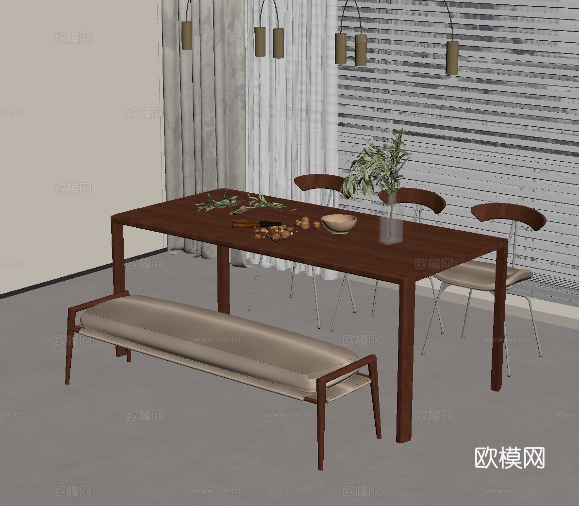 中古风餐桌椅su模型