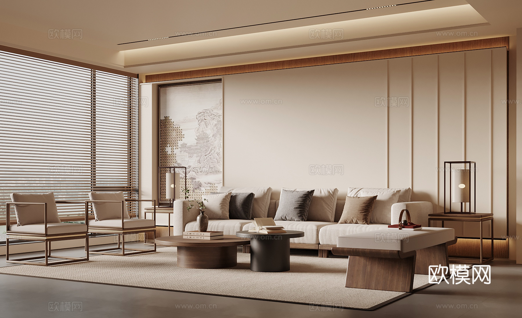 宋式禅意客厅 沙发茶几组合 沙发背景墙su模型