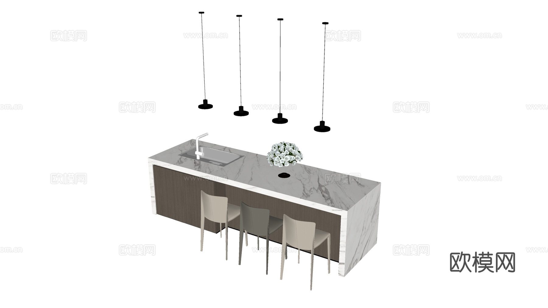 现代简约厨房岛台  大理石台面 嵌入式水槽su模型