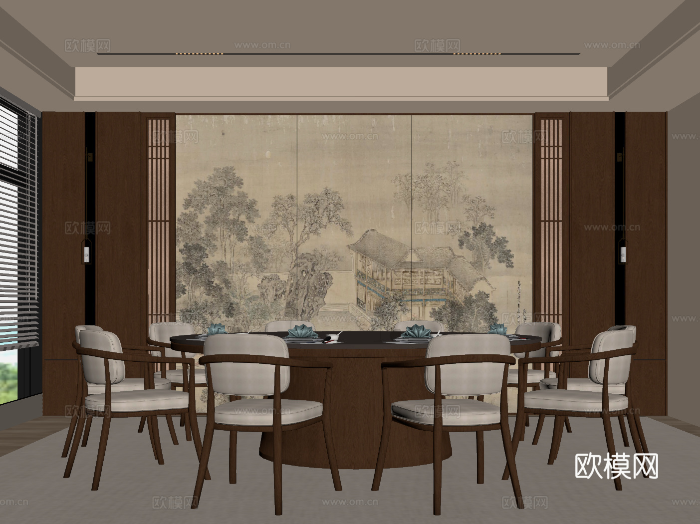 新中式包间 包房 包厢 餐桌椅su模型