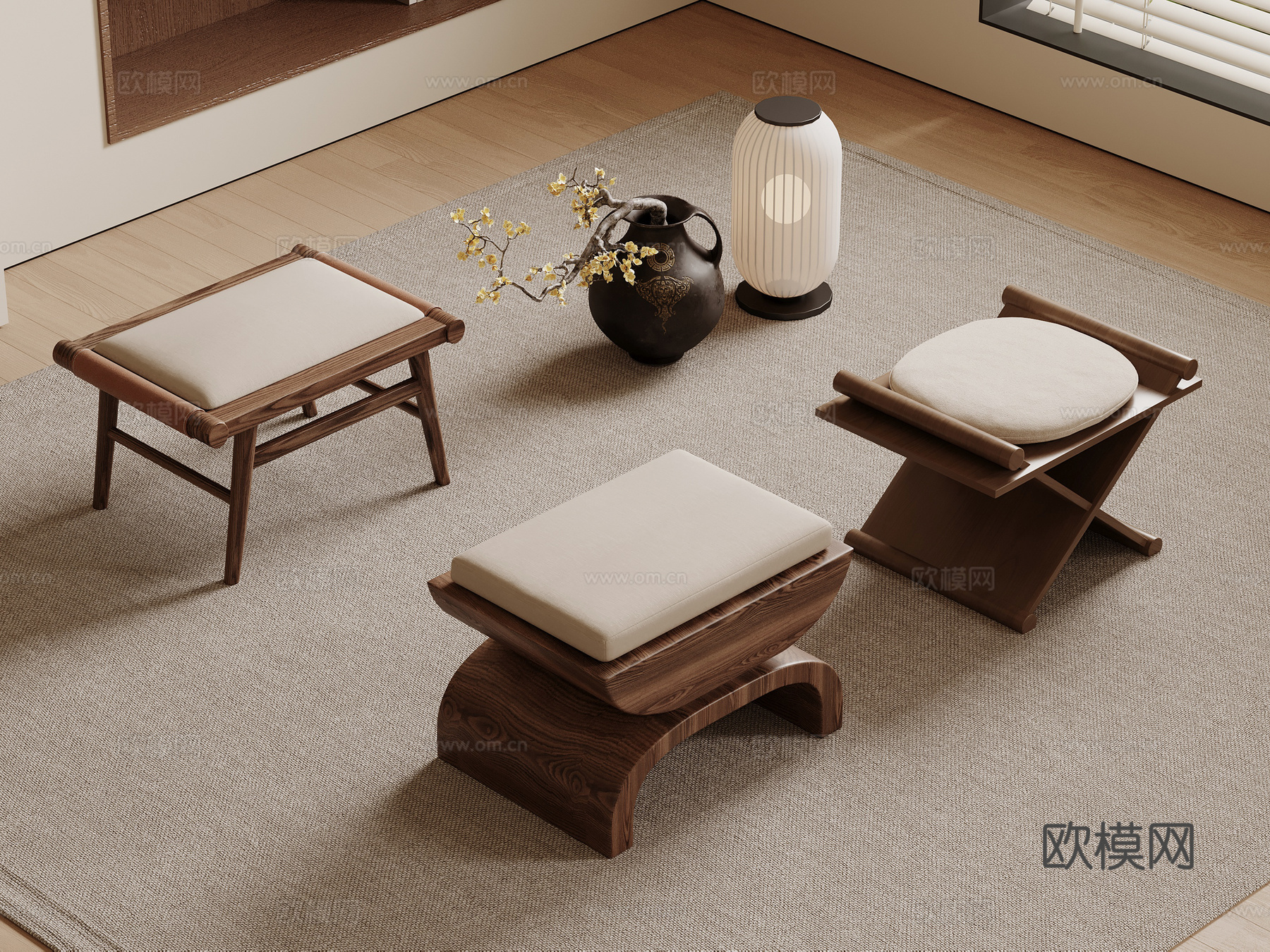 新中式木制凳 凳子 木凳 沙发木凳su模型