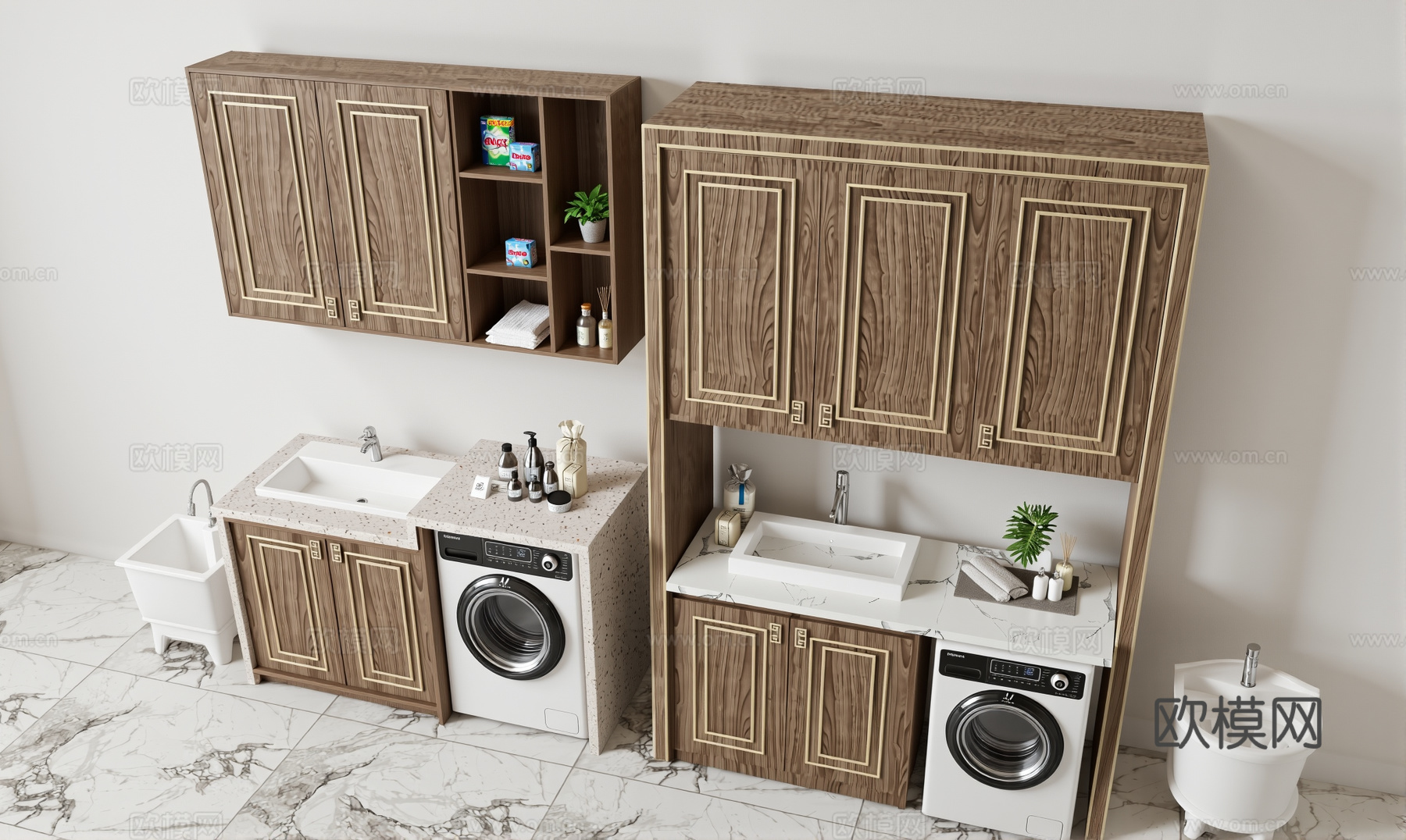 中式洗衣机柜 洗衣机组合柜 拖把池 储物柜su模型