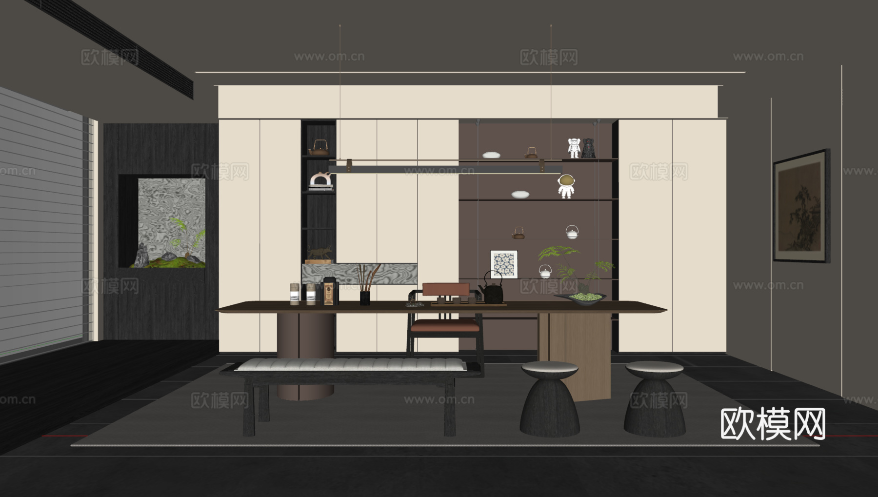 新中式茶室 茶桌椅 茶柜 吊灯 装饰柜 地毯su模型