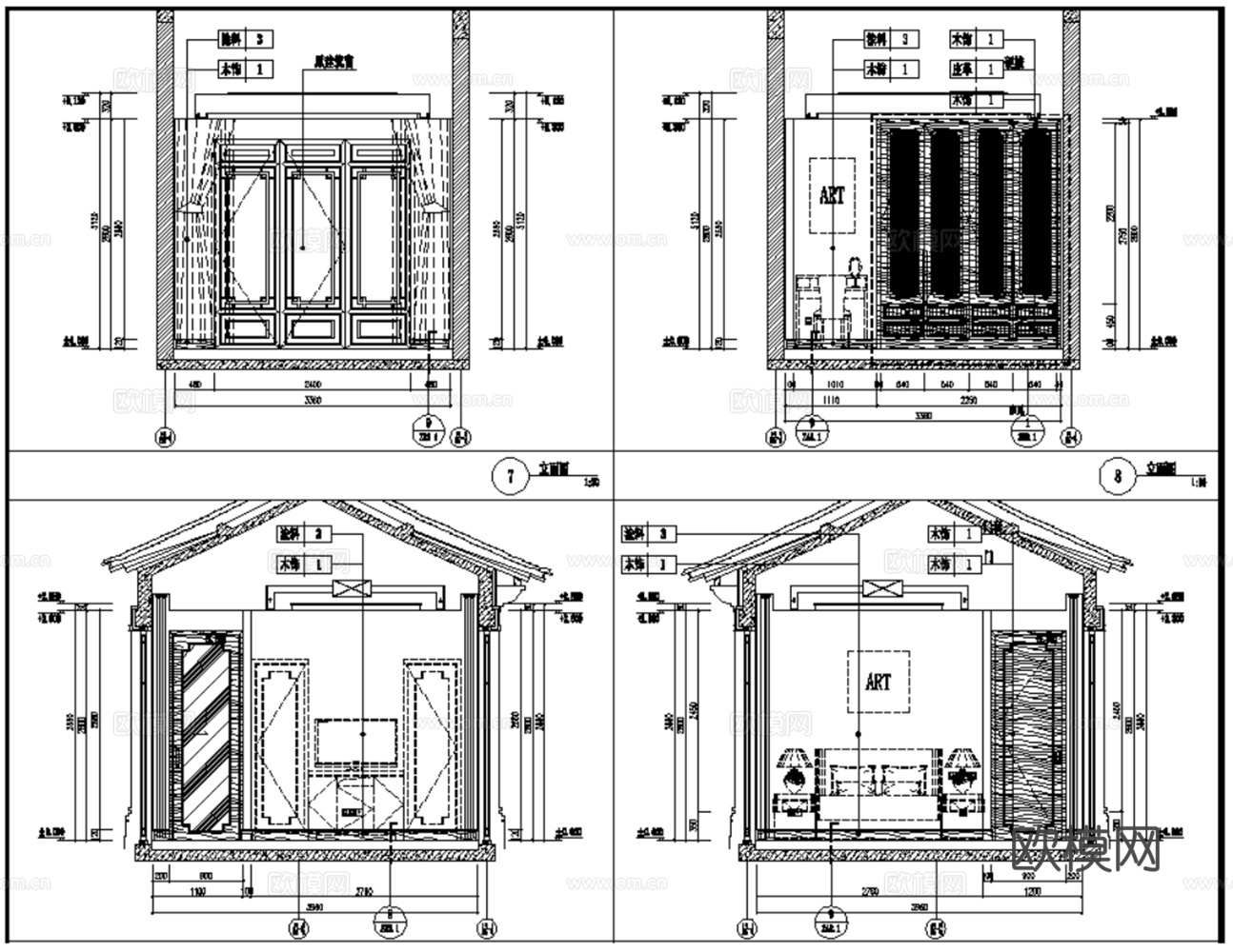 10套新中式中式古典轻奢住宅样板间别墅平层CAD施工图效果图cad施工图
