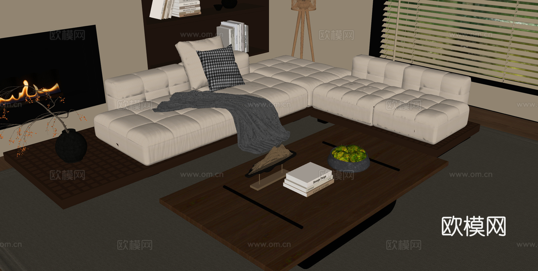 宋式多人沙发 直排沙发茶几组合 布艺沙发 木制茶几 长形茶几su模型