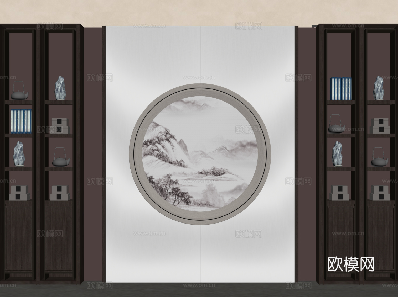 新中式书房背景墙su模型