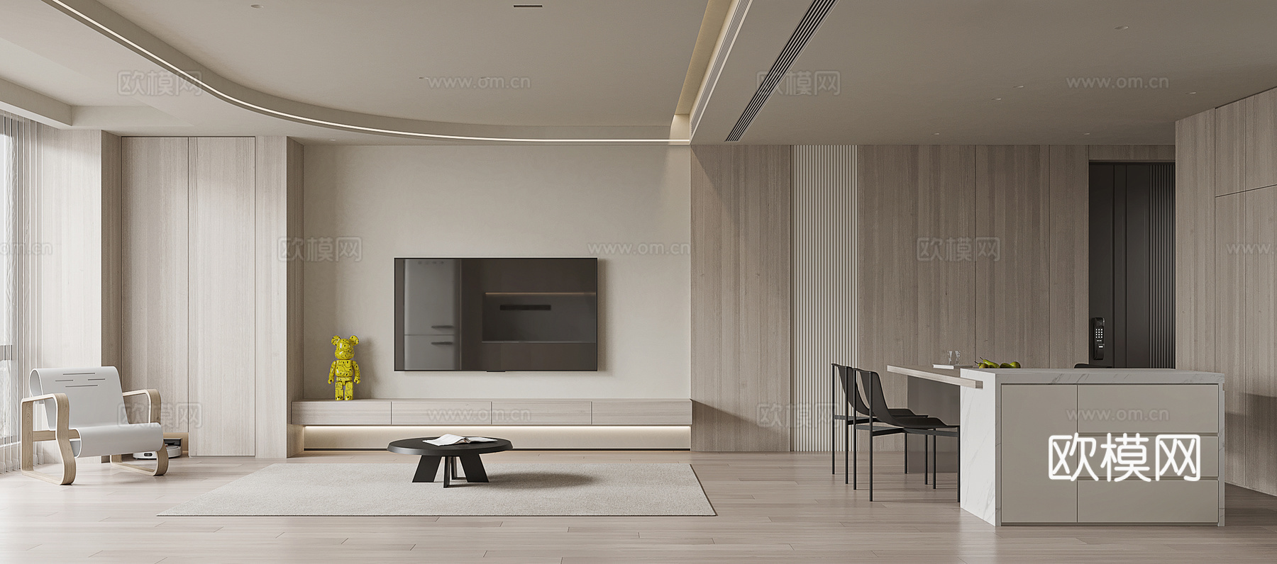 现代奶油风客餐厅3d模型下载（渲染图3）