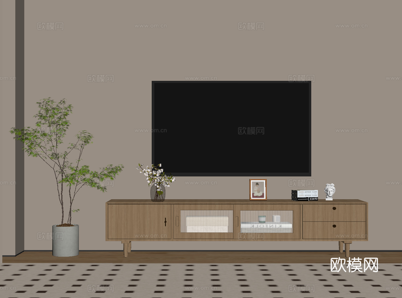 现代原木电视柜su模型