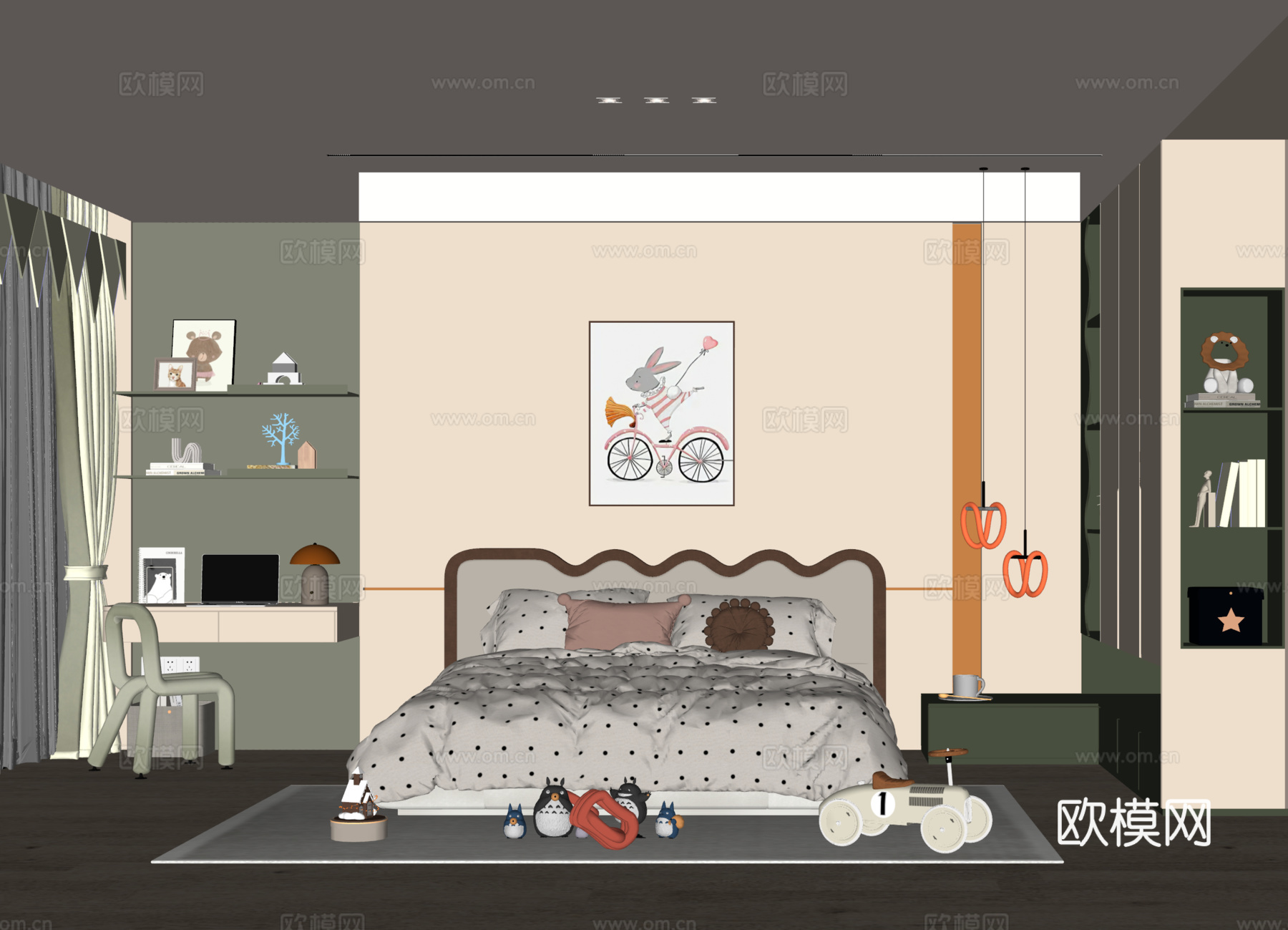 现代通用儿童房 床头背景墙 儿童衣柜 儿童床 儿童房窗帘su模型