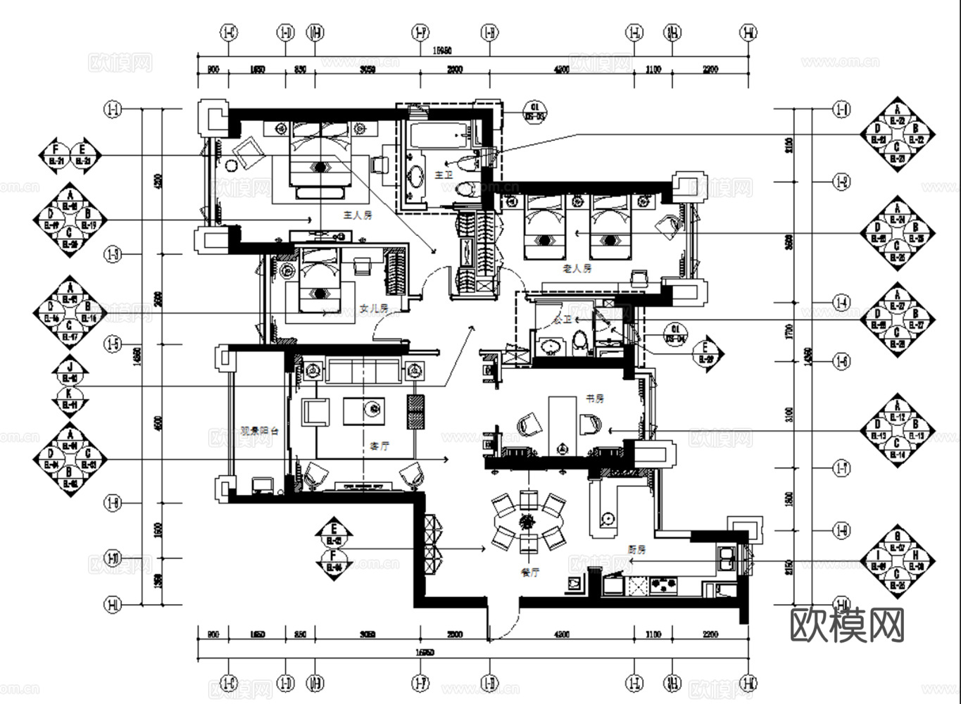 10套美式古典风格住宅样板间平层别墅CAD施工图附效果图cad施工图