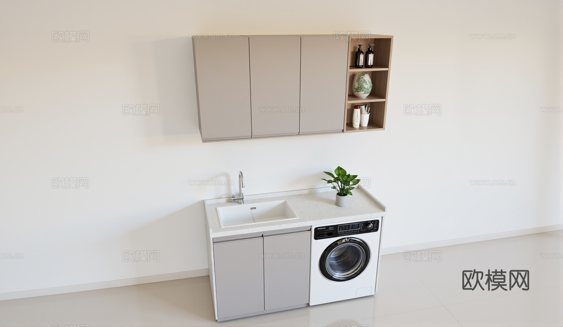 中式洗衣机柜 洗衣机组合柜 拖把池 储物柜su模型下载（渲染图1）