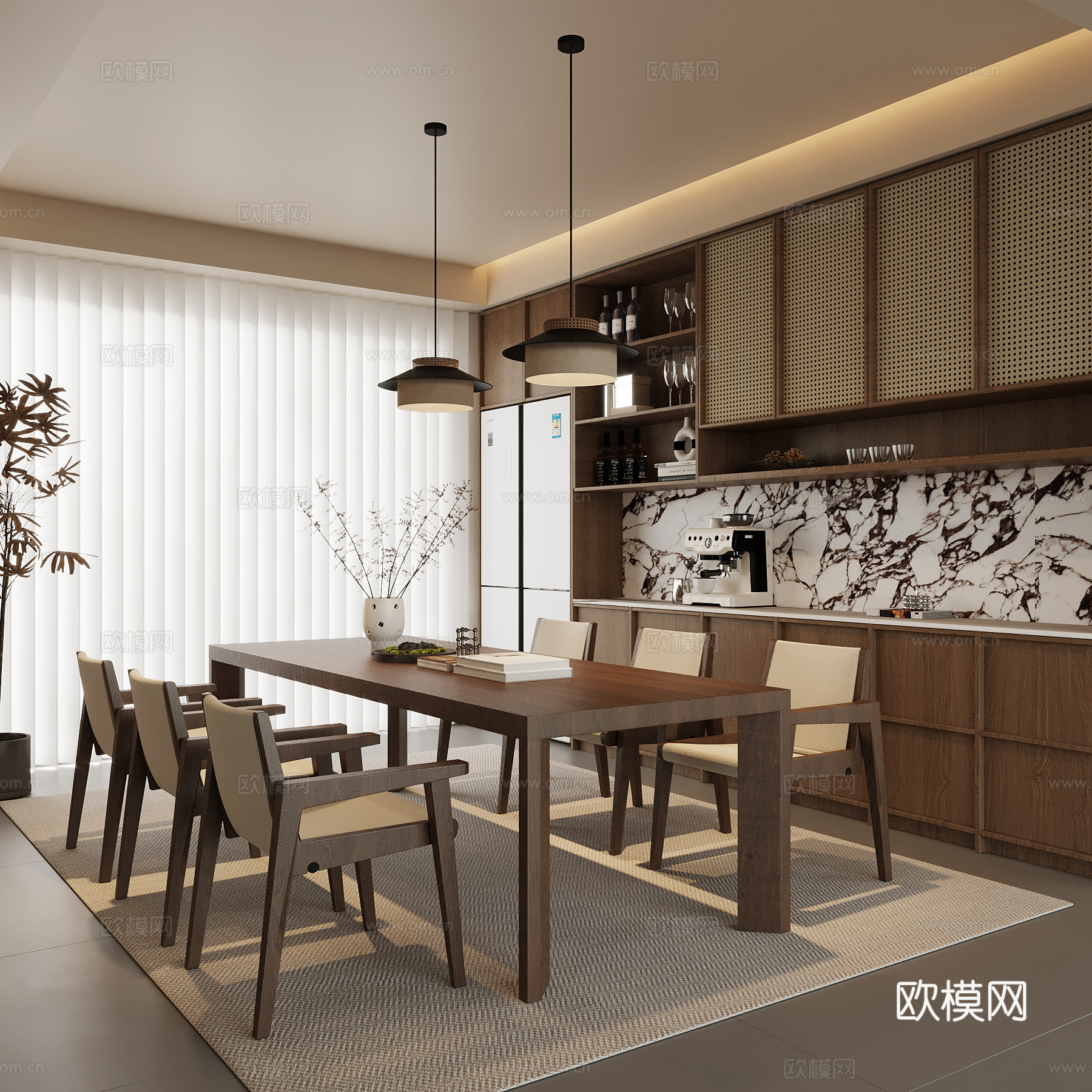 新中式餐厅su模型下载（渲染图1）