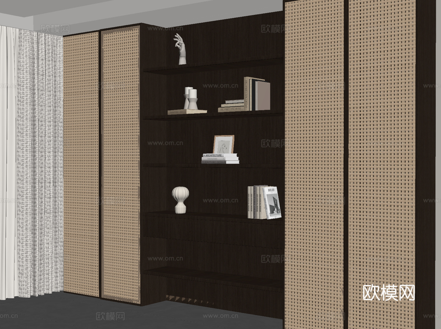 新中式书柜 储物柜su模型下载（渲染图2）