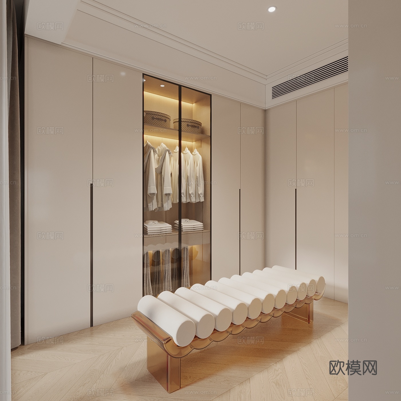 现代奶油风衣帽间 衣柜 换鞋凳3d模型下载