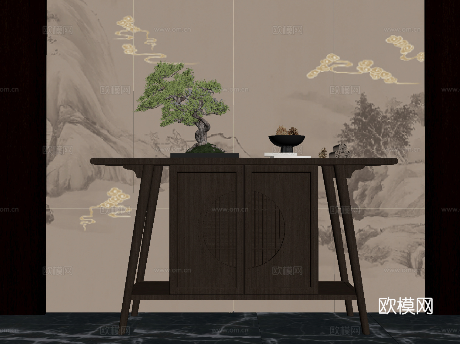 新中式玄关 端景柜 玄关柜su模型