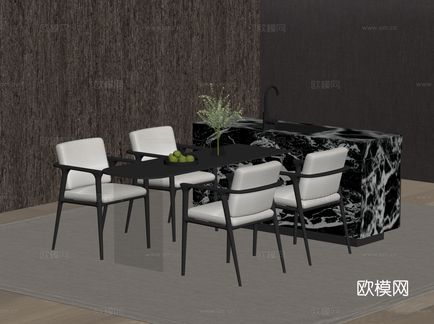 现代意式餐桌椅 岛台su模型