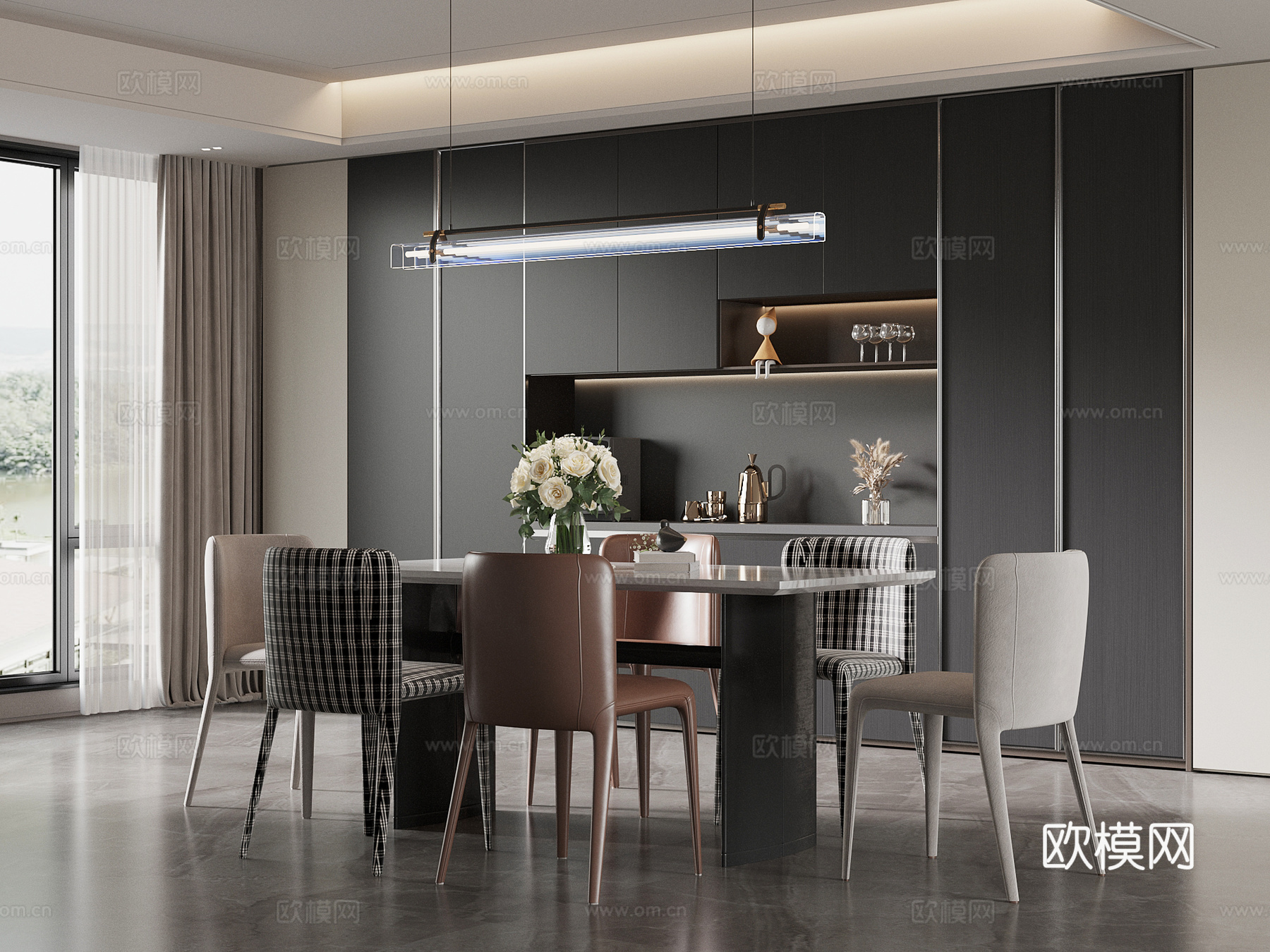 意式餐厅 餐桌椅 餐柜su模型