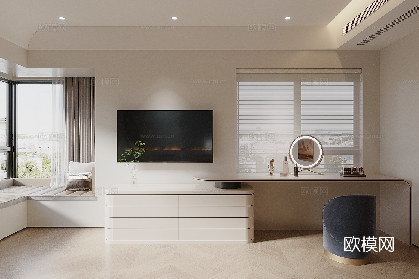 现代奶油风梳妆台 化妆镜 化妆用品 电视3d模型下载