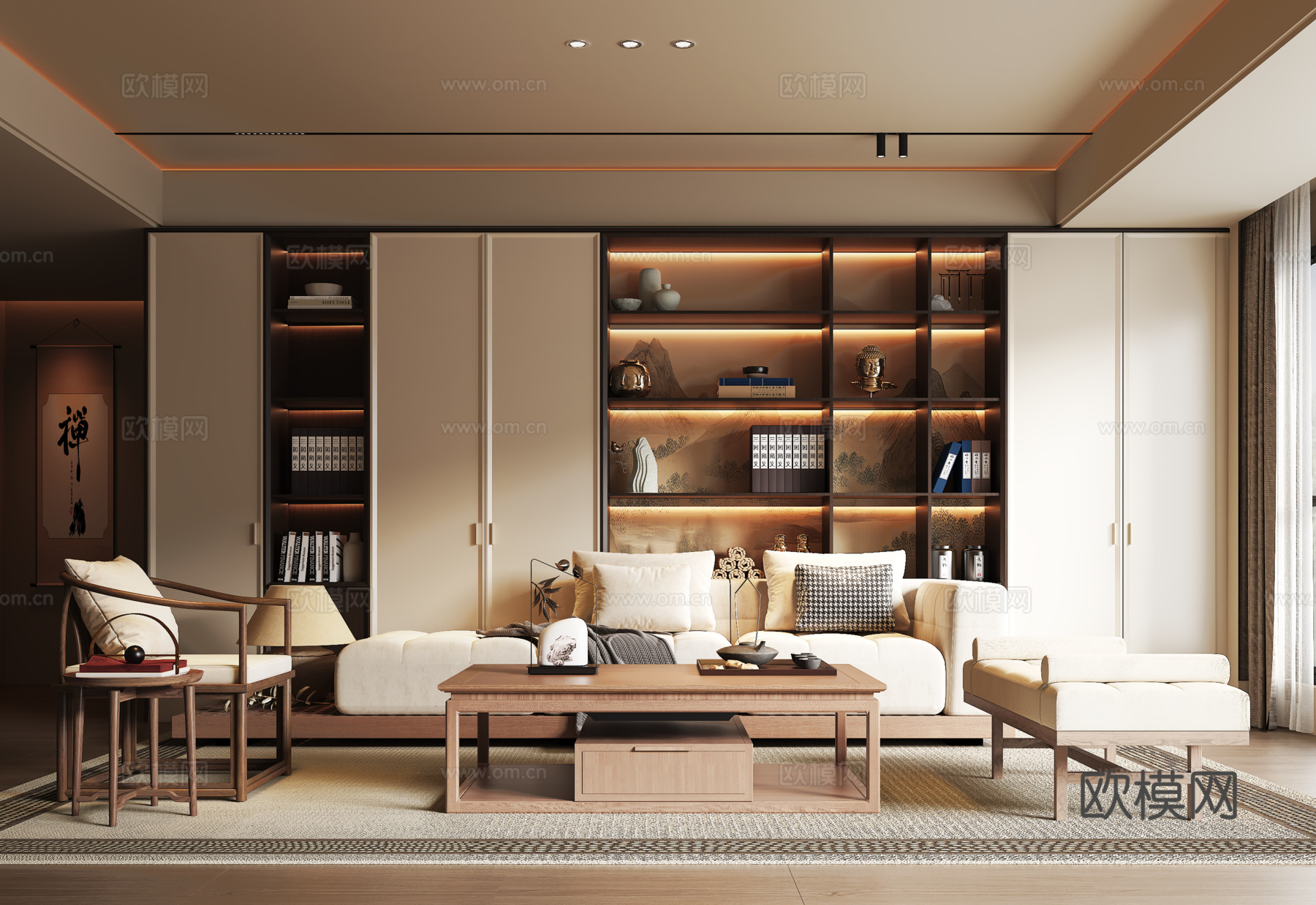宋式客厅 沙发书柜背景墙 沙发茶几组合 装饰画su模型