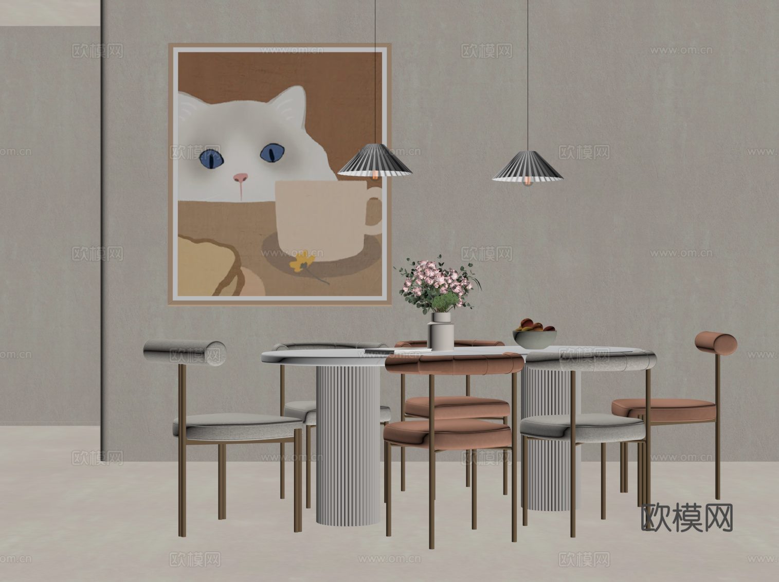 奶油风餐桌椅su模型