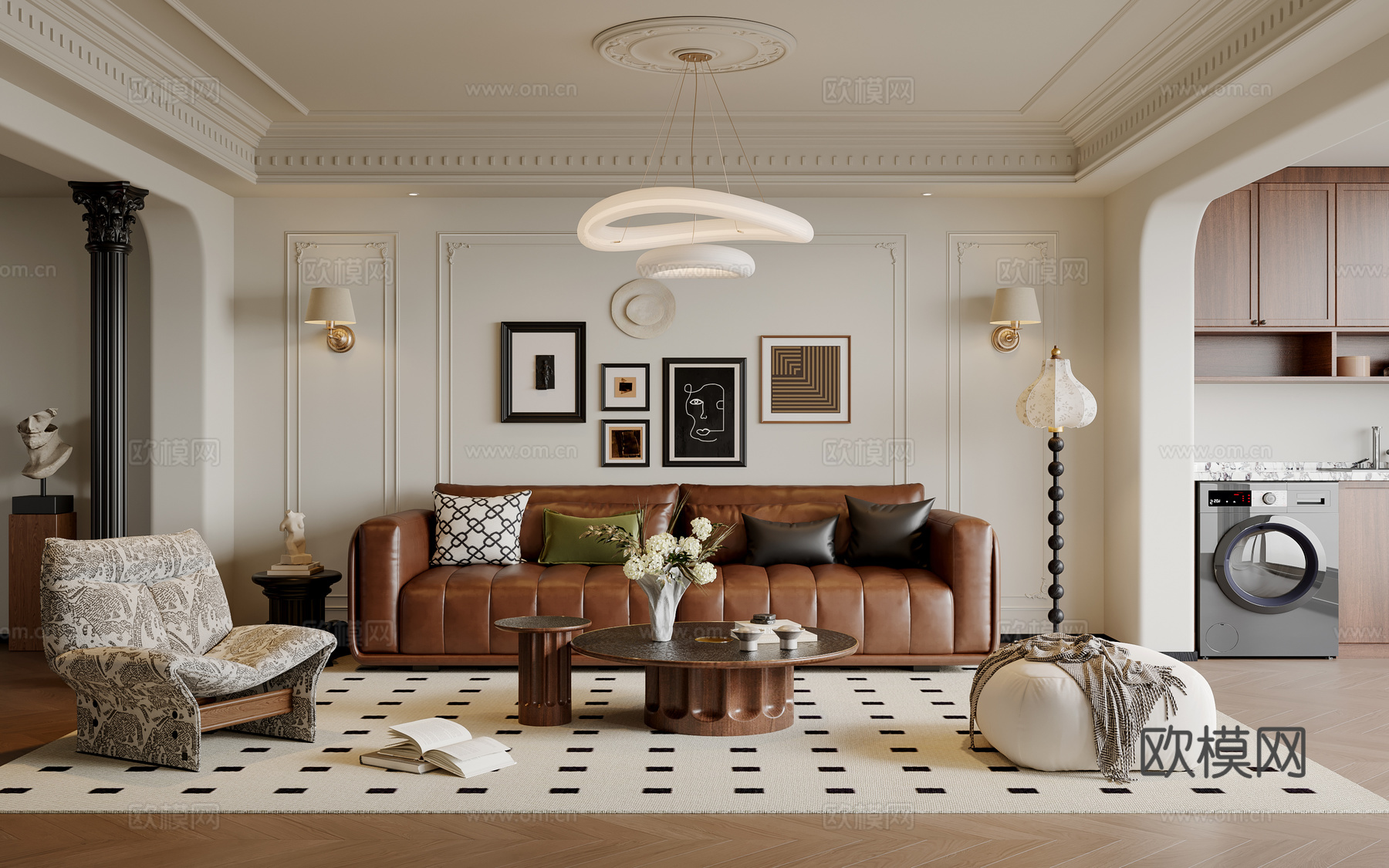 法式中古风客厅 沙发茶几 多人沙发 休闲椅 吊灯 挂画 地毯su模型