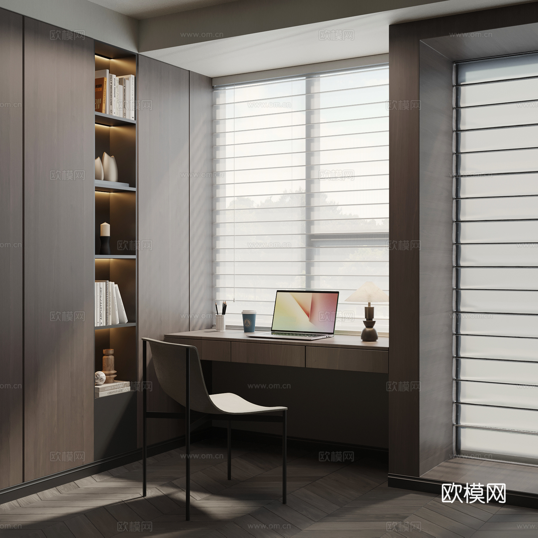 现代意式书房 书桌椅 书柜su模型