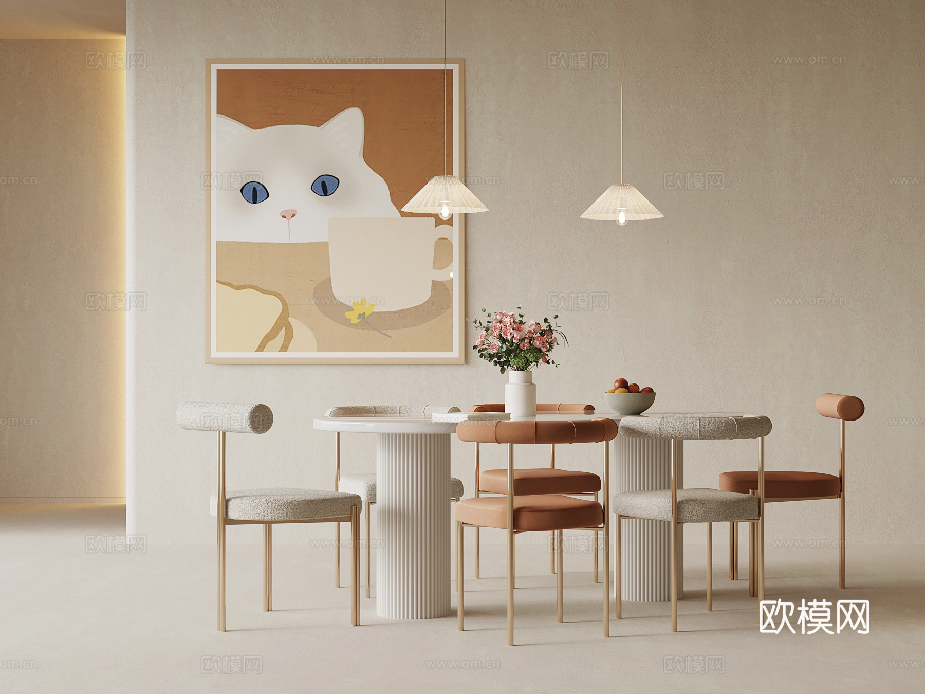 奶油风餐桌椅su模型