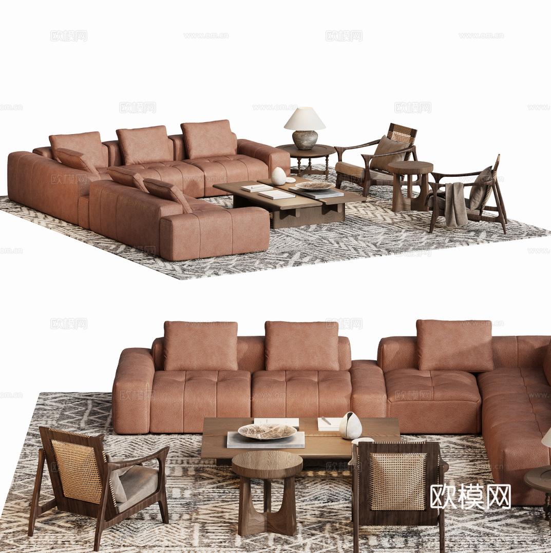 客厅中古皮沙发茶几组合su模型