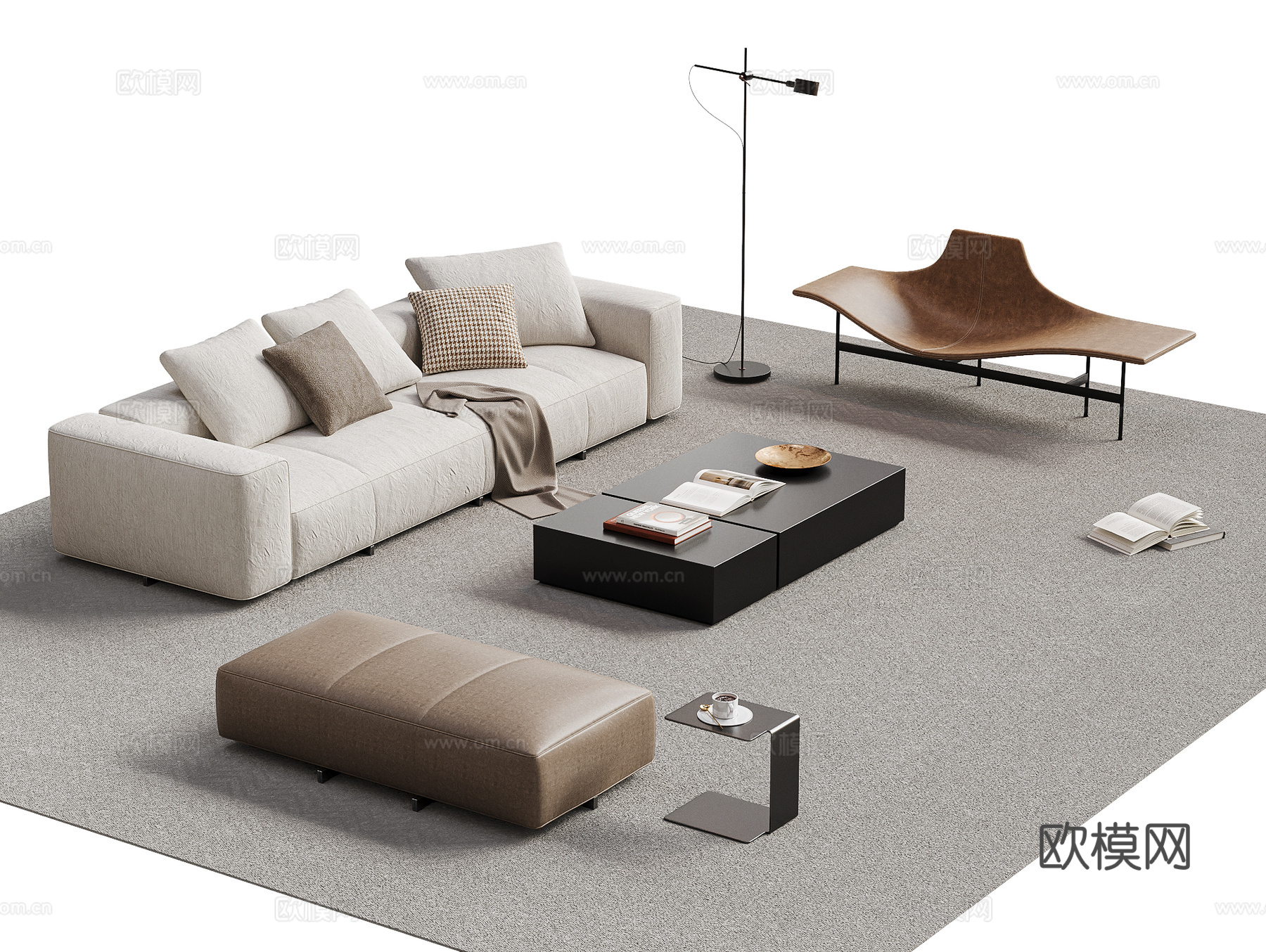 MINOTTI 现代沙发茶几组合 客厅沙发 沙发凳 躺椅su模型