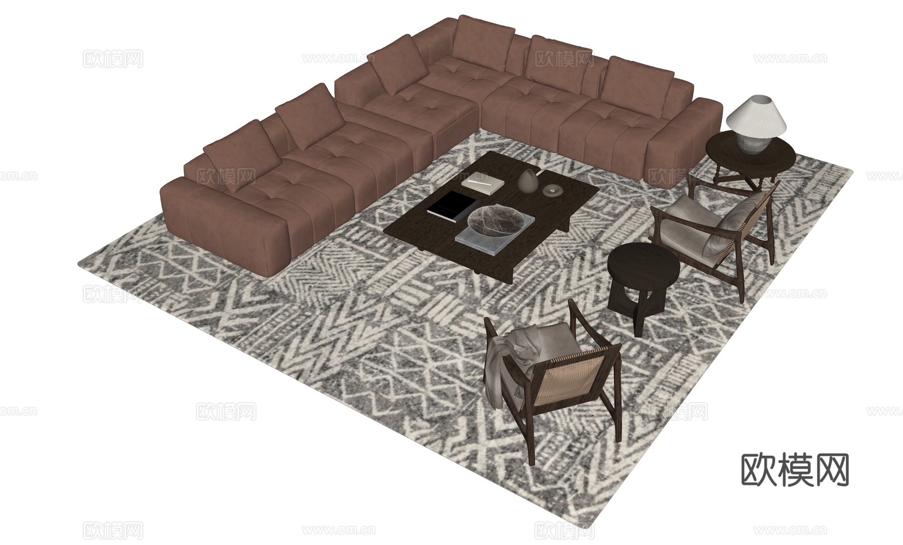 客厅中古皮沙发茶几组合su模型