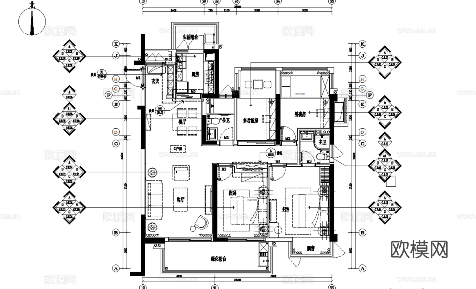 10套轻奢风格样板间洋房大平层别墅室内装修施工图CAD附效果cad施工图下载（渲染图5）