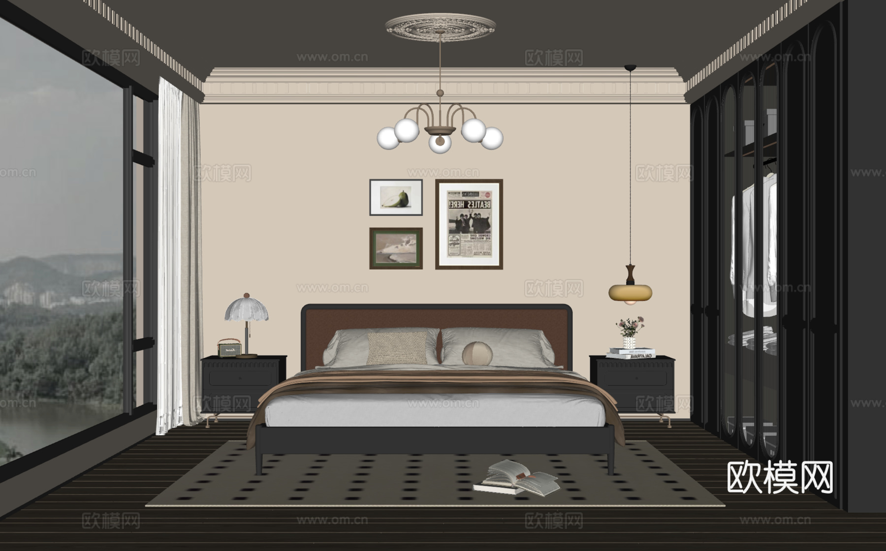 法式中古风卧室 实木双人床 床头柜 吊灯挂画 地毯su模型下载（渲染图2）