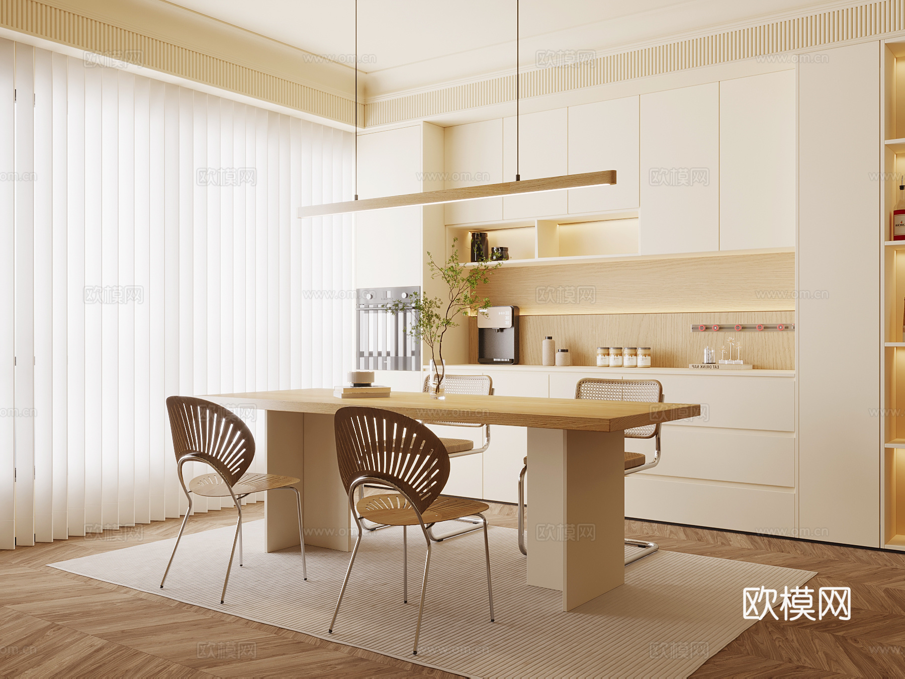 奶油风餐厅 餐桌椅 备餐柜su模型